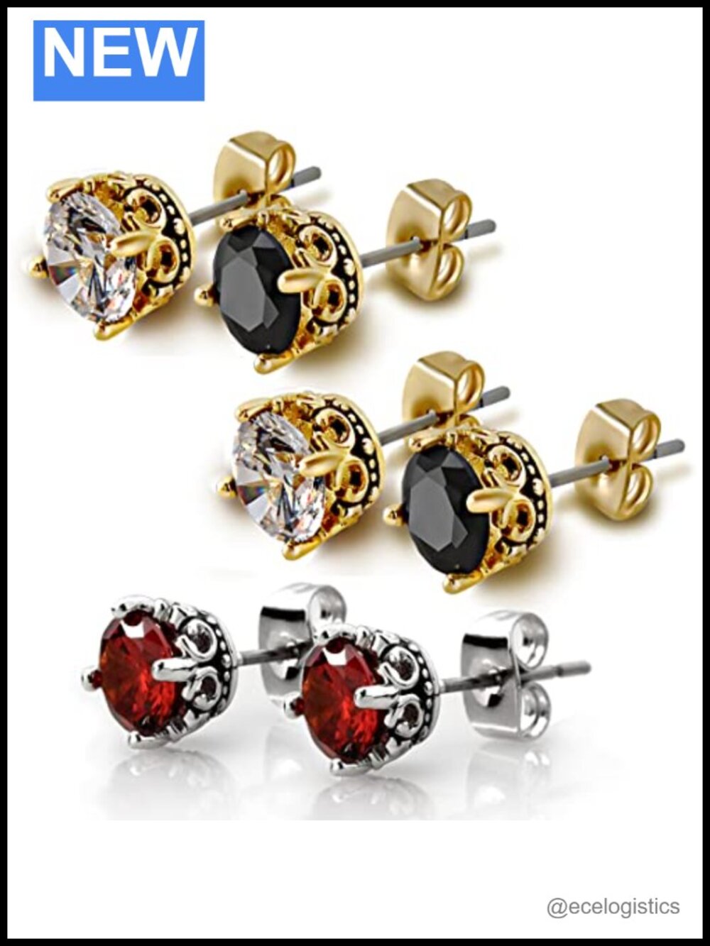 3 Pairs Cubic Zirconia Stud Earrings Set Hypoallergenic